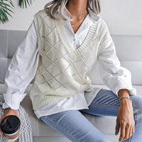 Women's V-neck Hollow Rhombus Casual Knitted Sweater Vest