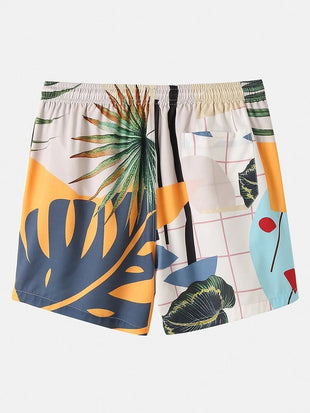 Men's Casual Loose Beachwear Leaf Print Short Sleeve Suit