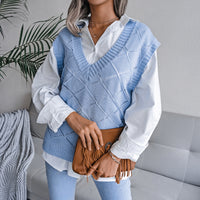 Women's V-neck Hollow Rhombus Casual Knitted Sweater Vest