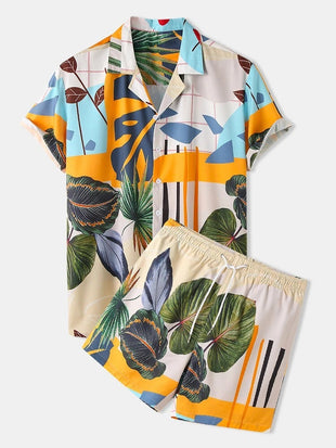 Men's Casual Loose Beachwear Leaf Print Short Sleeve Suit