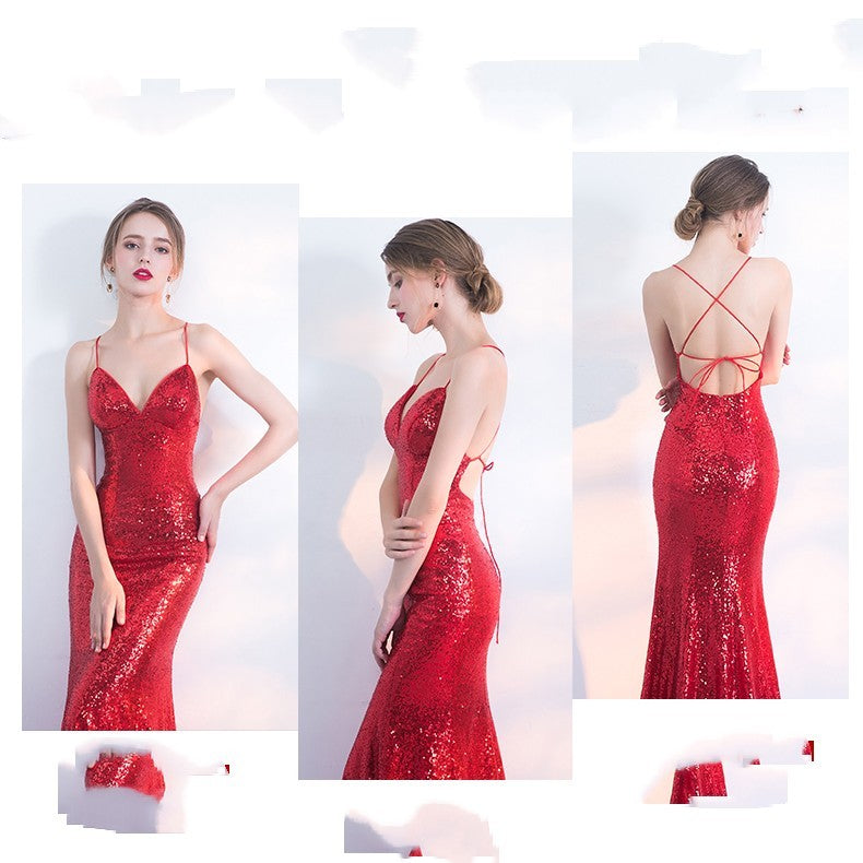 Banquet Long Noble Slim Sexy Backless Bride Toast Dress
