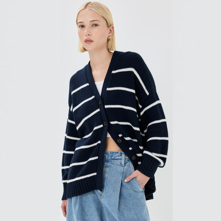 Women's Striped Knitted V-neck Cotton Striped Sweater