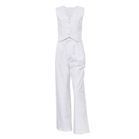 Women's Solid Color V-Neck Vest Two-Piece Set Button Front Vest Top With Pocket Pants For Spring & Summer Casual Outfit