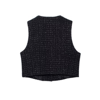 Textured Sleeveless O-neck Short Tweed Sleeveless Waistcoat Outerwear