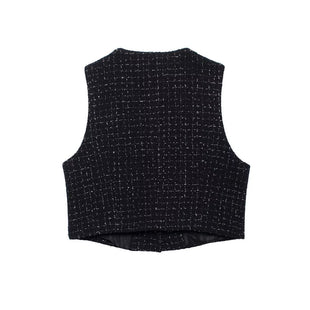 Textured Sleeveless O-neck Short Tweed Sleeveless Waistcoat Outerwear