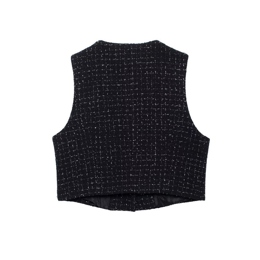 Textured Sleeveless O-neck Short Tweed Sleeveless Waistcoat Outerwear