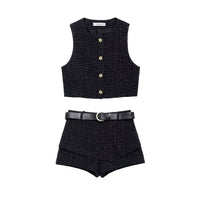 Textured Sleeveless O-neck Short Tweed Sleeveless Waistcoat Outerwear