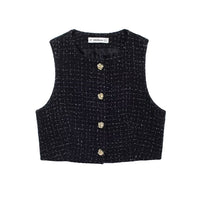 Textured Sleeveless O-neck Short Tweed Sleeveless Waistcoat Outerwear