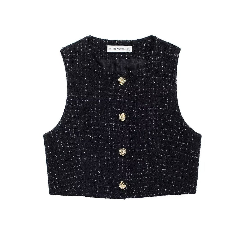 Textured Sleeveless O-neck Short Tweed Sleeveless Waistcoat Outerwear