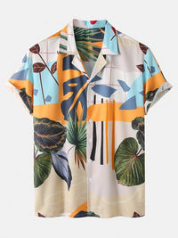 Men's Casual Loose Beachwear Leaf Print Short Sleeve Suit