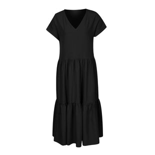Solid Color And V-neck Hem Ruffled Short Sleeves Long Dress