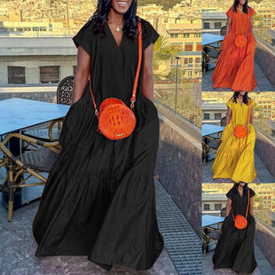 Solid Color And V-neck Hem Ruffled Short Sleeves Long Dress