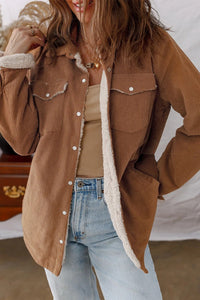 Cinnamon Fleece Lined Buttoned Flap Pockets Corduroy Jacket