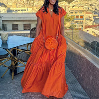 Solid Color And V-neck Hem Ruffled Short Sleeves Long Dress