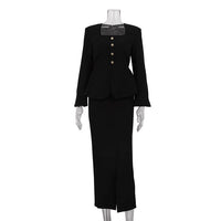 Square Collar Long Sleeve Cardigan Top Package Hip Skirt Two-piece Set